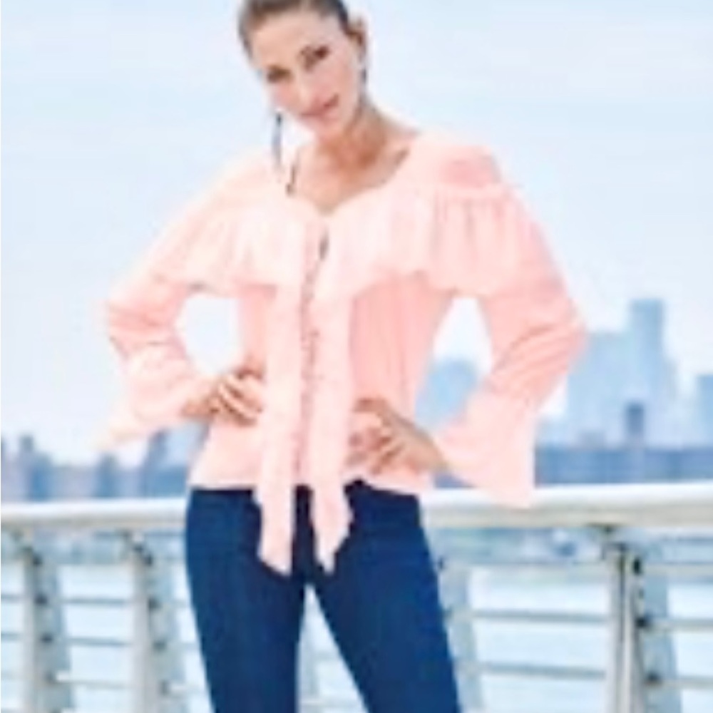 Venus 10 M silky ruffle blouse flounce long sleeves light pink nwot